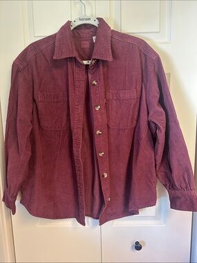 Corduroy Button-Up Shirt Jacket in Wine